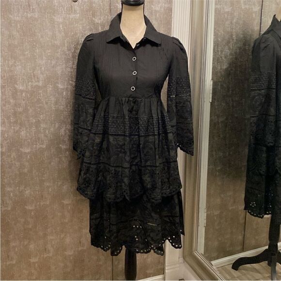 Adam Lippes tiered eyelet black dress US2